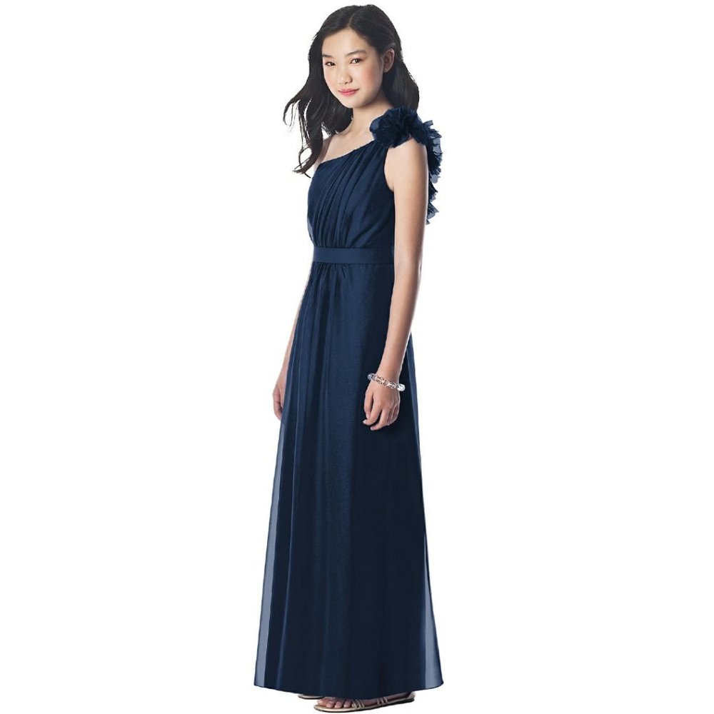 Dessy Collection Junior Bridesmaid style JR611"Midnight Blue" One Shoulder Gown
